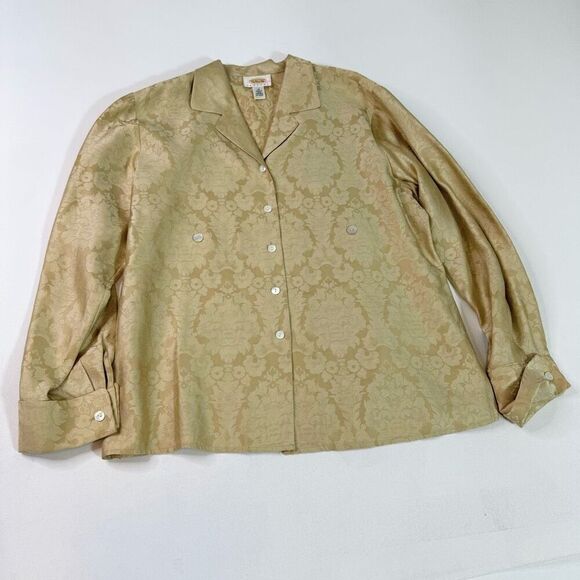Talbots Top Womens 14 Silk Damask Paisley Blouse Shirt Button Down Collar Gold - Picture 1 of 9